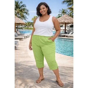 Quacker Factory Lime Green Studded Hem Pull On Elastic Capri Pants Plus Size 2X